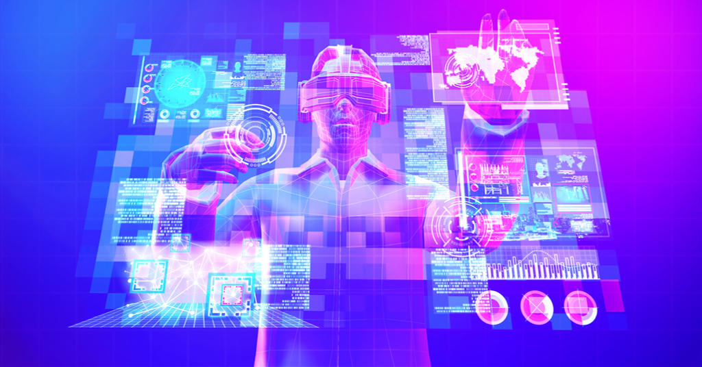 Metaversos, Realidad Virtual y Avatares 7 Persona inmersa en el metaverso con gafas de realidad virtual, interactuando con diferentes aplicaciones